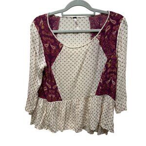 Free People Patchwork Boho Peplum Top M Cream & Purple 100% Rayon